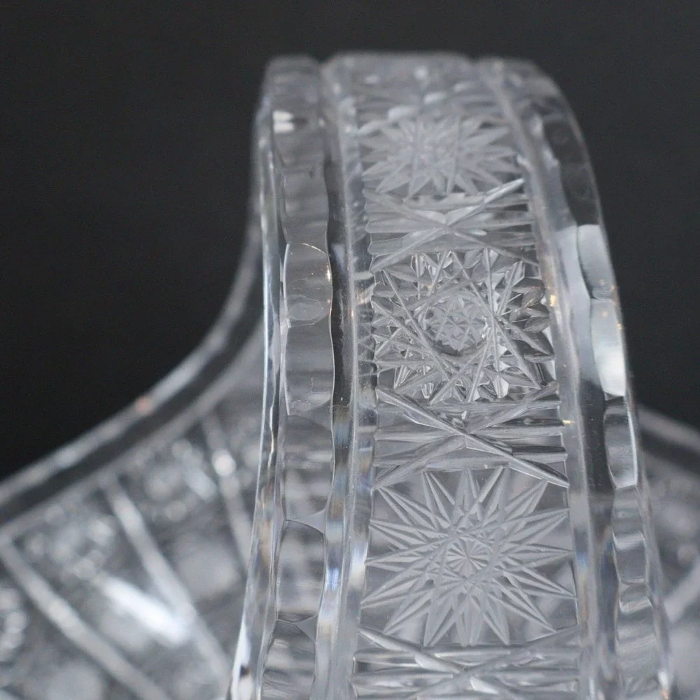 VTG Crystal Oval Basket Clear Glass Dish Bowl Handle Queens Lace Design